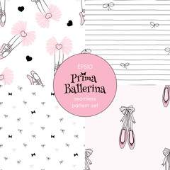 Dancing ballerina legs Tiny Bows Pointe Shoes Doodle Stripes pattern collection. Ballet themed seamless backgrounds set. Perfect for girlish design, scrapbook paper, childish fashion fabric textile © AngellozOlga