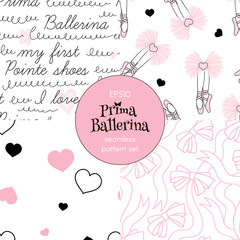 Dancing ballerina legs Ribbon bows Simple heart Doodle calligraphy pattern collection. Ballet themed seamless backgrounds set. Perfect for girlish design, scrapbook paper, childish fashion fabric