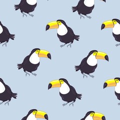 Tropical seamless pattern with toucans, exotic leaves and pineapples. Vector illustration