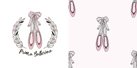Design set of emblem print with Ballerina shoes in Laurel wreath frame and small-scaled Pointe shoes seamless background. Lovely girlish ballet themed pink coloured vector graphics for apparel t-shirt © AngellozOlga