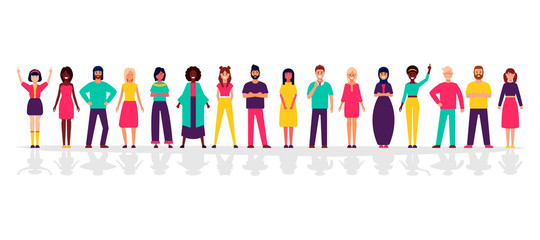 A group of people standing on a white background. Business people and business women in flat design characters