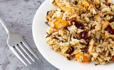 Chicken with pecans and wild rice on a plate with a fork to the side on a gray background