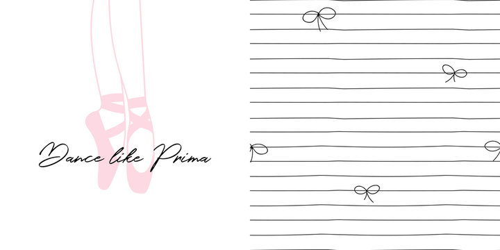 Design set of print with Dancing ballerina legs in pointe shoes and Doodle thin lines and bows small-scaled neutral seamless background. Lovely girlish ballet themed pink coloured vector graphics for