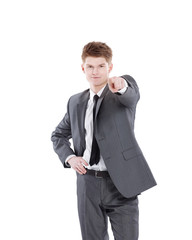 handsome businessman showing the hands forward.isolated on a white