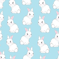 Naklejka premium Seamless pattern with cartoon bunnies for kids. Abstract art print. Hand drawn background with cute animals. Vector illustration