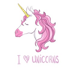 Cute vector unicorn. Magic character with pink mane surrounded by star dust for sticker, card, t-shirt and funny children's design.
