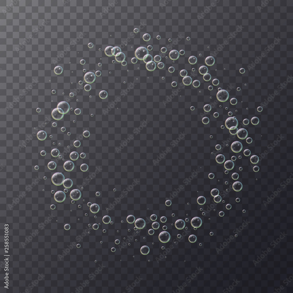 Poster realistic 3d floating soap bubbles, rainbow color reflection. isolated on transparent background. ve