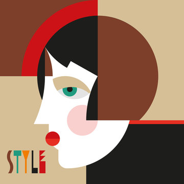 ПечатьFashionable stylish woman. Modernist style woman head with stylish headdress. Modernism style art. Geometric shapes art.