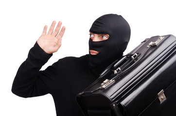 Male thief with suitcase isolated on white 