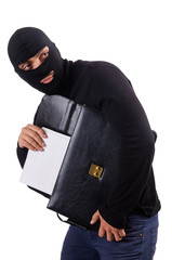 Male thief with suitcase isolated on white 