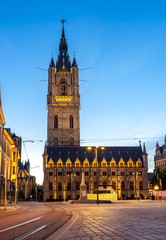 Obraz premium Belfort tower on St. Bavo square at night, Gent, Belgium