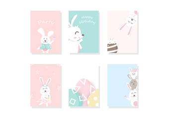 Fototapeta na wymiar Adorable bunny cartoon, greeting, cover, template, card, pastel cute celebration, Easter day background A4 layout design vector illustration