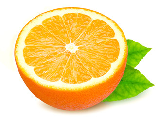 Isolated orange fruit. Half orange with leaves isolated on white background with clipping path