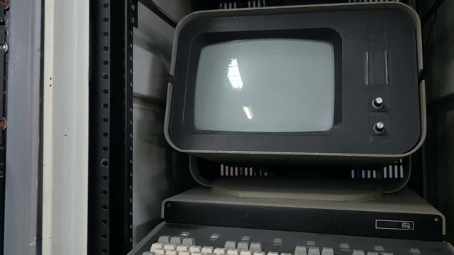 Old computer with CRT monitor, keyboard. Retro computer technology