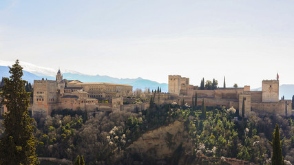 Beautiful view of the Alhambra from Mirador de San Nicolás: Nasrid Palaces, Palace of Charles V and Alcazaba. Granada, Spain