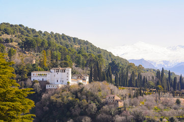 Gardens and Palacio de Generalife in The Alhambra, Spain. Scenic view from the famous Mirador de San Nicol&aacute;s