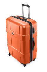 One orange modern travel suitcase with opened handle