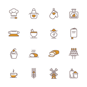 Images on the kitchen theme: hat, apron, oven mitt, oven, rolling pin, mortar, scales, book, pancake, loaf, bread, cake, mug, ear, mill, bags.  Sixteen simple vector icons in two colors.