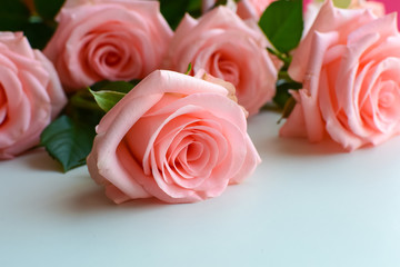 A bouquet of pink roses lies on the table. Side view. Copy space
