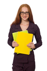 Young woman in purple costume with notes 