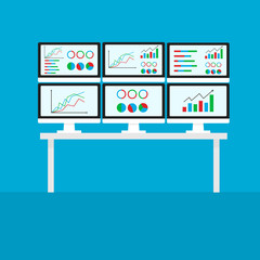 Flat design modern. Data optimization, data management, analysis, data process system flat vector illustration with icons isolated on blue background