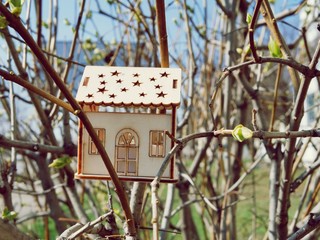 Toy house on the branches of the bush, the concept of the spring season, living in a clean...