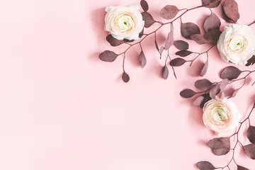 Stoff pro Meter Flowers composition. Pink flowers and eucalyptus leaves on pastel pink background. Flat lay, top view, copy space © Flaffy