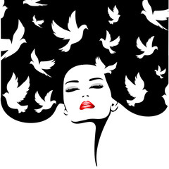 Woman silhouette with birds. Vector fashion illustration.