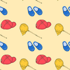 Pattern seamless summer set with cap, net icon, slipper beach on colorful background. Pattern for textile, paper,background