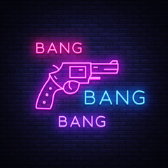 Bang Bang Gun neon sign vector. Pop Art Design template neon sign, light banner, neon signboard, nightly bright advertising, light inscription. Vector illustration