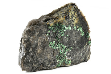 torbernite (uranium ore) from Portugal isolated on white background