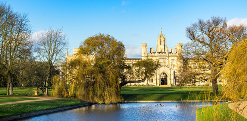 St John's College with beautiful blue sky in Cambridge, UK