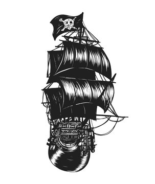 Pirate ship vector tattoo by hand drawing.Beautiful picture on white background.Black and white graphics design art highly detailed in line art style.
