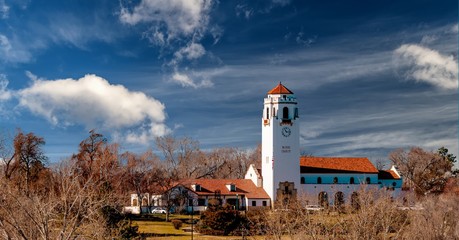 Local train Depot and city part with leafless trees