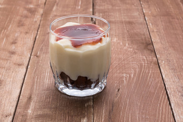 Yogurt with jam and cornflakes with chocolate.