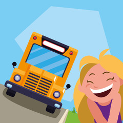 happy little schoolgirl in the bus stop