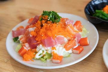 Japanese sushi food,close up of sashimi sushi set on a table in a restaurant