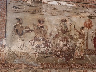 Wall paintings of Orchha Fort and Palace, Madhya Pradesh, India.