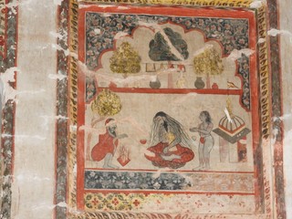 Wall paintings of Orchha Fort and Palace, Madhya Pradesh, India.