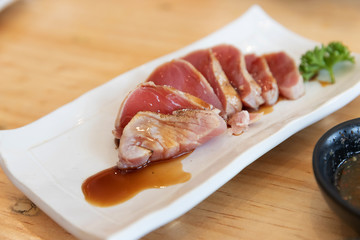 Japanese sushi food,close up of sashimi sushi set on a table in a restaurant