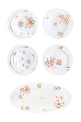 Set of antique porcelain plates isolated with clipping path