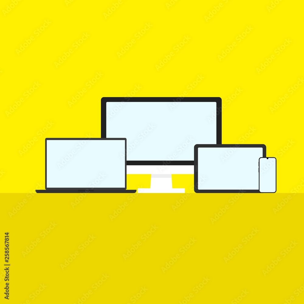 Poster gadget and device icons mockup set in the style flat isolated on yellow background