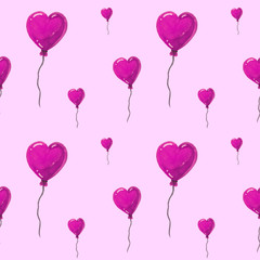 Beautiful air balloons in form of hearts, seamless watercolor pattern on white background. Can be used for greeting card, wedding invitation. Cute hearts backdrop. Hearts love pattern