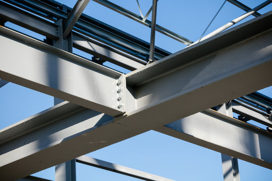 Steel Frame Of New Building In Construction - Girder Joint Detail - Close Up