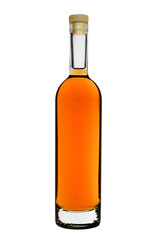 the closed bottle of brandy or rum. Isolated on a white background