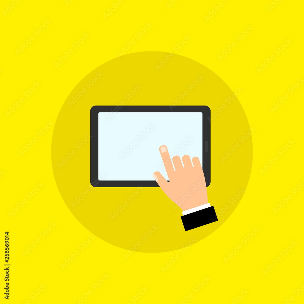 Poster hand touching blank screen of tablet computer. tablet gadget flat isolated on yellow background