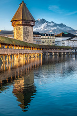 The Chapel bridge with Mount Pilatus in the background, Lucerne (Luzern), Central Switzerland.