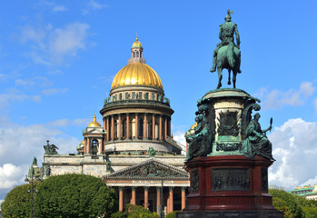 Saint Isaac's Cathedral (1858), Russian Orthodox cathedral and Monument to Russian Emperor Nicholas I (1856) on St Isaac's Square. Saint Petersburg, Russia