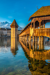 The Chapel bridge with Mount Pilatus in the background, Lucerne (Luzern), Central Switzerland.