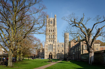 Ely Cathedral in spring with blue sky, England